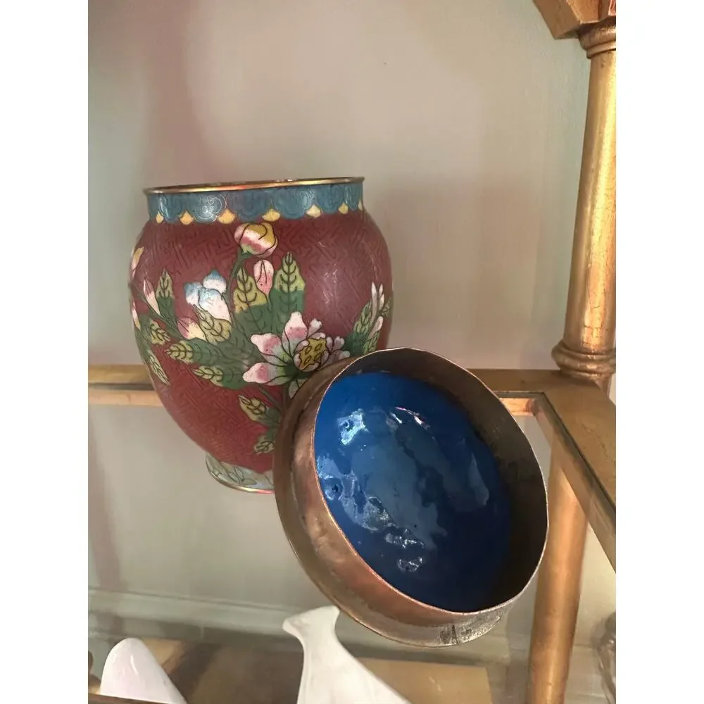 Vintage Chinese Cloisonné Enamel Ginger Jar Flowers  8” rust blue turquoise